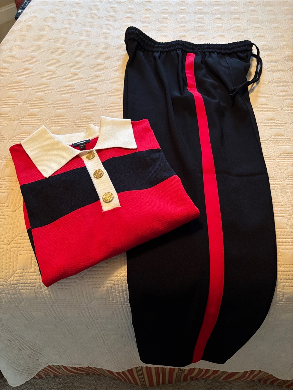 Express Red, Black & White Striped Polo Sweater